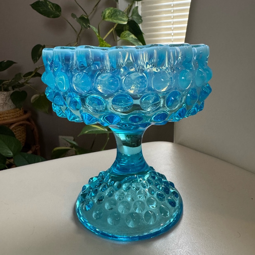 Vintage Fenton Glass Aqua Opalescent Hobnail Compote / Bowl